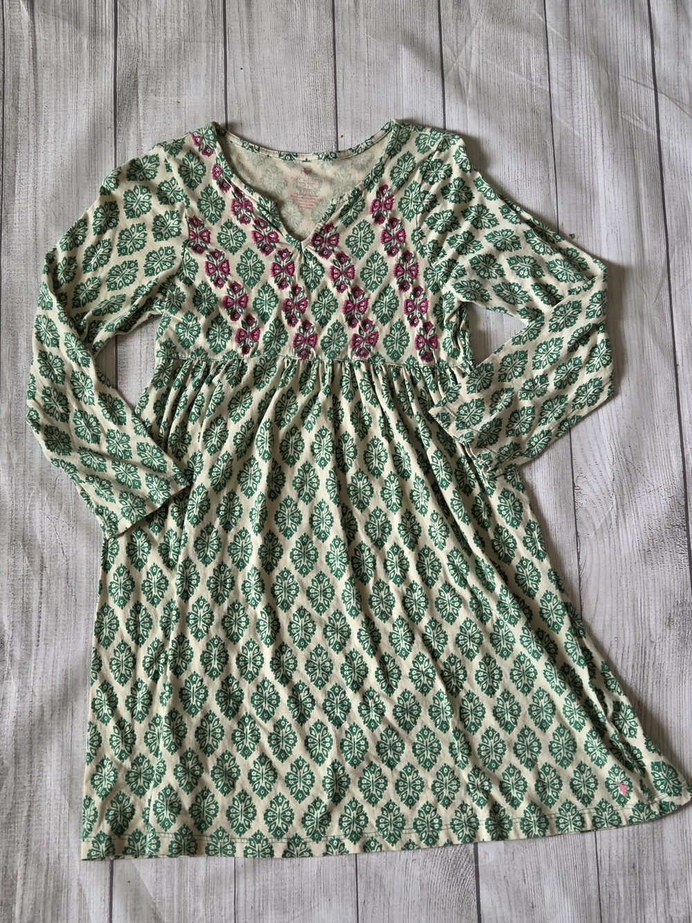 Pink Chicken Cream Dress with Green Print and Pink Embroidery